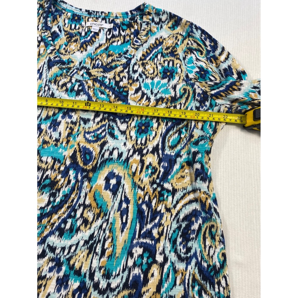 Chico's Ikat Paisley Top Size L Blue Teal Boho Coastal Lightweight Tee - Picture 8 of 10